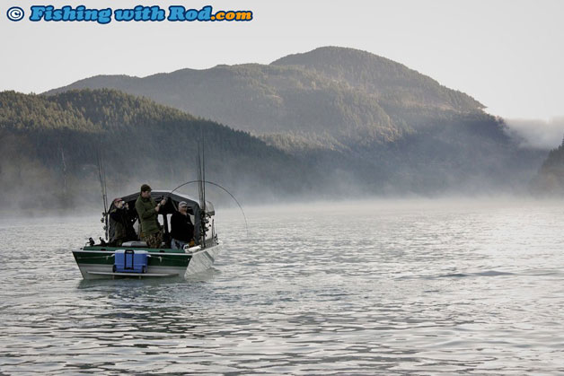 Guided anglers fishing for BC's chinook salmon in early morning. Guided anglers fishing for BC's chinook salmon in early morning.