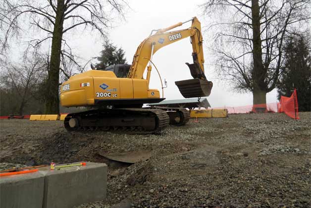 Construction of Derby Reach wheel chair access fishing ramp in Langley BC. Photo by Roger Bean. Construction of Derby Reach wheel chair access fishing ramp in Langley BC. Photo by Roger Bean.